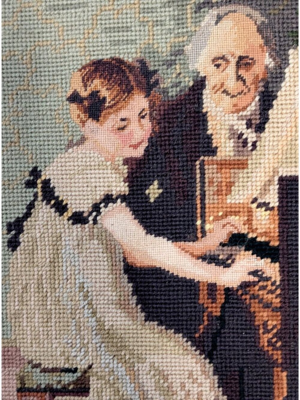 Vintage Needlepoint Tapestry Framed Art Piano lesson, decor - Picture 3 of 16